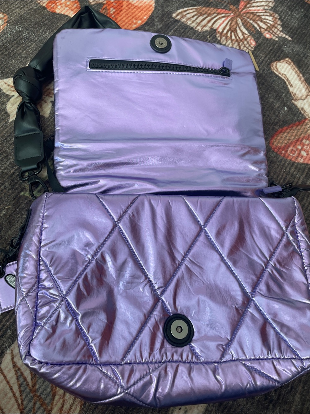Iridescent Purple Quilted Shoulder Bag with Black Strap IHKWIP - Picture 12 of 16